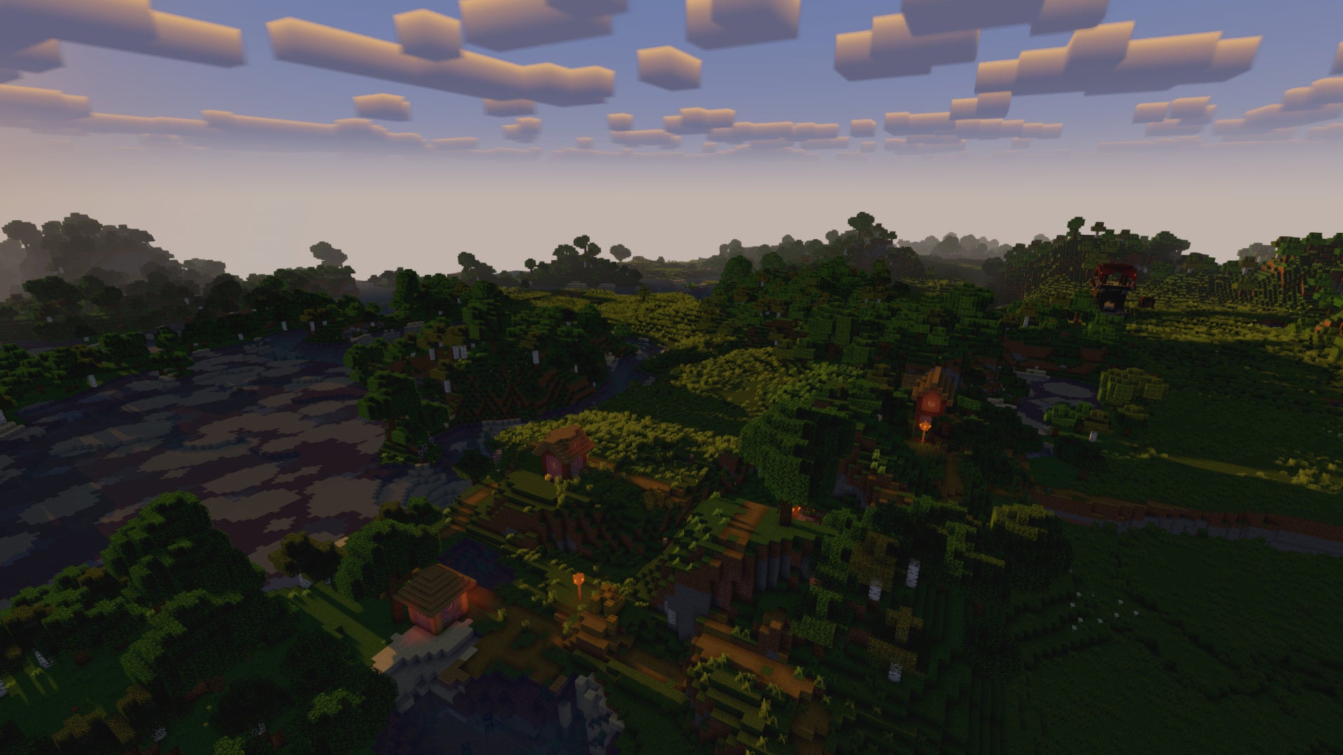 A Minecraft screenshot of a landscape with Vanilla Plus Shaders enabled.